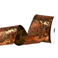 Embossed Metallic Leaves and Acorns Wired Autumn Fall Ribbon, 2-1/2-inch, 10-yard