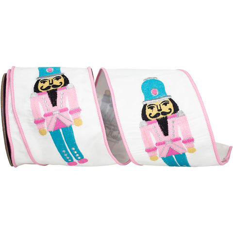 Christmas Fashion Nutcracker Embroidered Dupioni Wired Edge Ribbon, 4-inch, White/Pink, 5-yard
