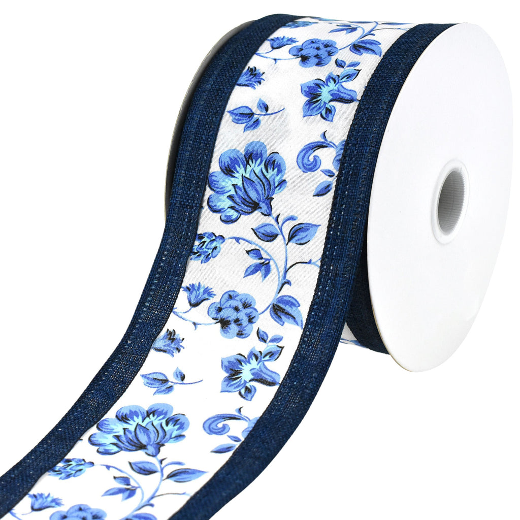 Toile Pattern Faux Linen Edge Wired Ribbon, 2-1/2-inch, 10-yard