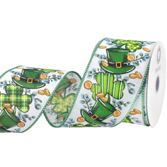 St. Patrick's Leprechaun Hats Coins Foliage Wired Ribbon, 10-yard