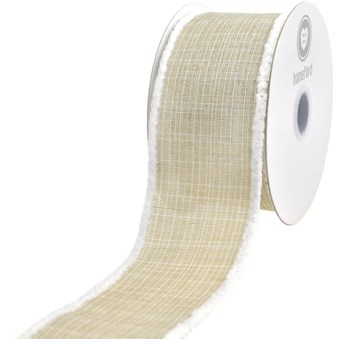 Christmas Textured Faux Linen Fuzzy Edge Wired Ribbon, Natural, 2-1/2-inch, 10-yard