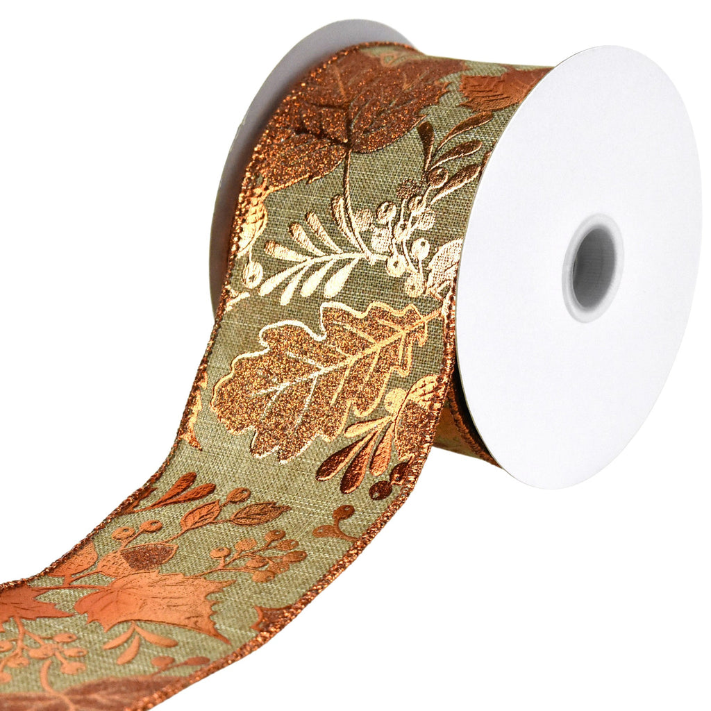 Embossed Leaves Faux Linen Wired Autumn Fall Ribbon, 10-yard