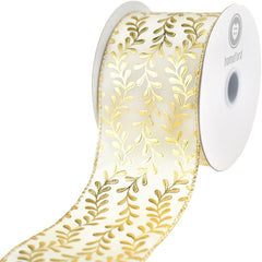 Christmas Metallic Embossed Vines Satin Wired Ribbon, 10-yard