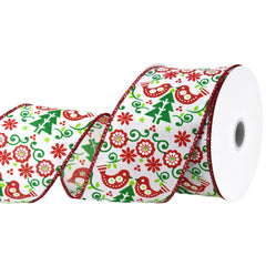 Christmas Tree and Birds Damask Pattern Wired Ribbon, 2-1/2-inch, 10-yard