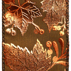 Embossed Metallic Leaves and Acorns Wired Autumn Fall Ribbon, 2-1/2-inch, 10-yard