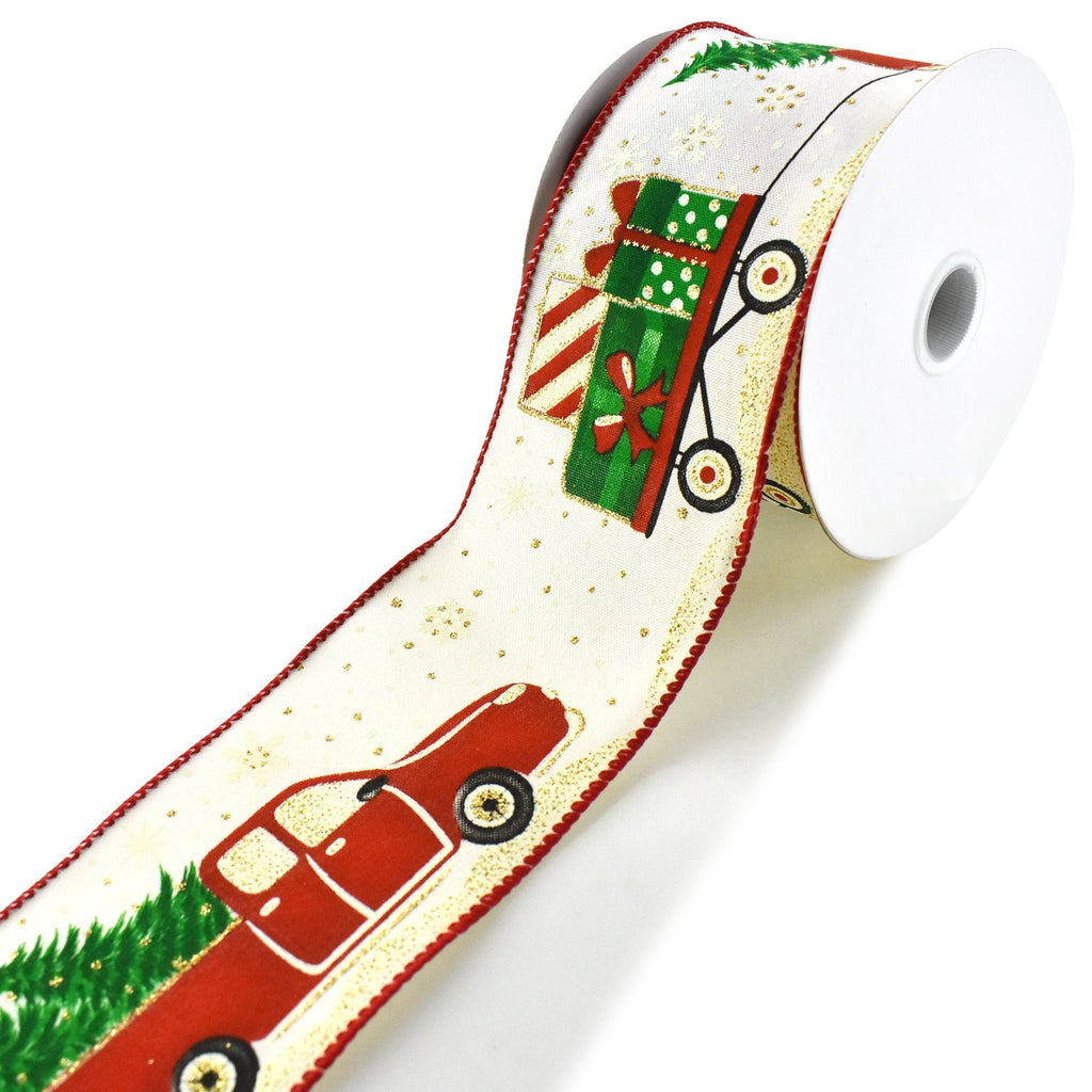 Christmas Glittered Trucks and Trees Wired Ribbon, Ivory, 2-1/2-Inch, 10-Yard