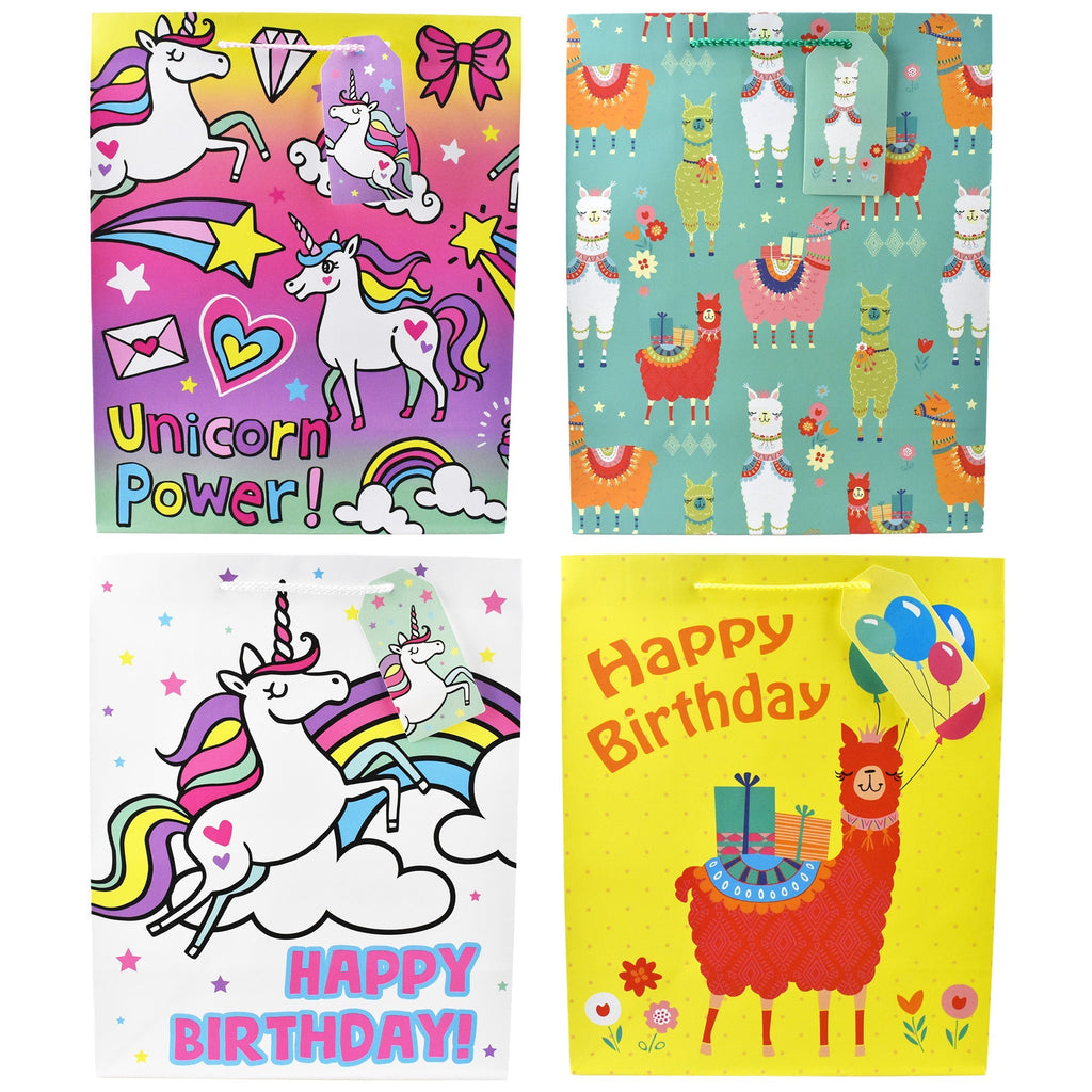 Unicorn and Llama Birthday Party Gift Bags, 12-3/4-Inch, 4-Piece