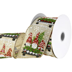 Christmas Plaid Pickup Trucks and Gnomes Wired Ribbon, 2-1/2-yard, 10-yard