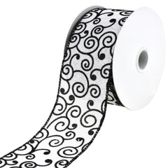 Flocked Swirl Filigree Wired Ribbon, 2-1/2-Inch, 10-Yard - Black/White