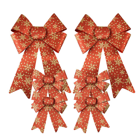 Glitter Snowflake Christmas Bows, Assorted Sizes, 6-Piece - Red/Gold