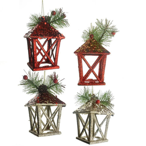 Christmas Glitter Lantern Ornaments, Red/Champagne, 5-Inch, 4-Piece
