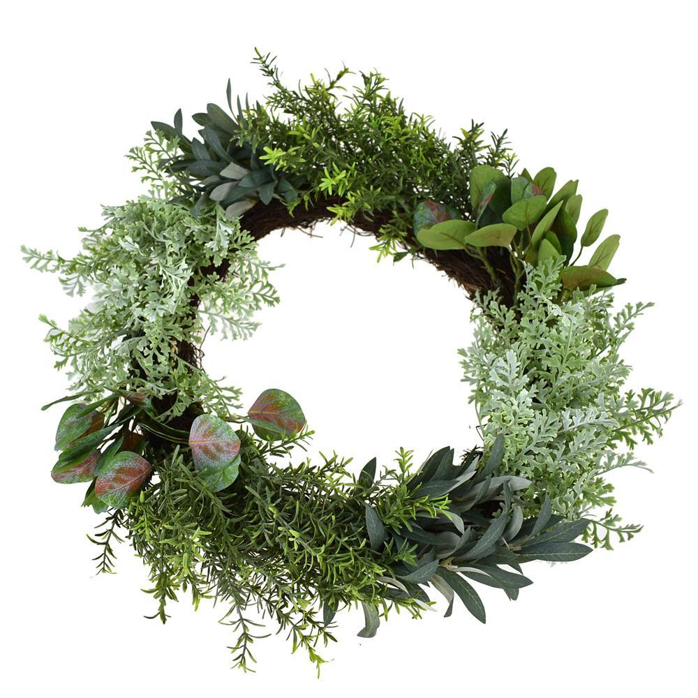 Artificial Mixed Greenery Wreath, Green, 20-Inch