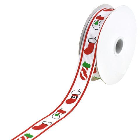 Fun Christmas Stockings Grosgrain Ribbon, 7/8-Inch, 10-Yard - White