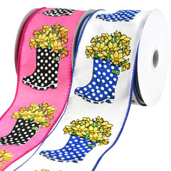 Spring Rainboots and Daffodils Wired Ribbon, 2-1/2-inch, 10-yard