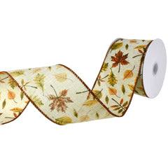 Autumn Falling Leaves Faux Linen Wired Ribbon, 10-yard