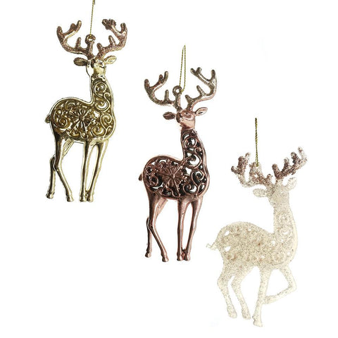 Christmas Shiny and Glitter Reindeer Ornaments, White/Champagne/Rose Gold, 5-1/2-Inch, 6-Piece