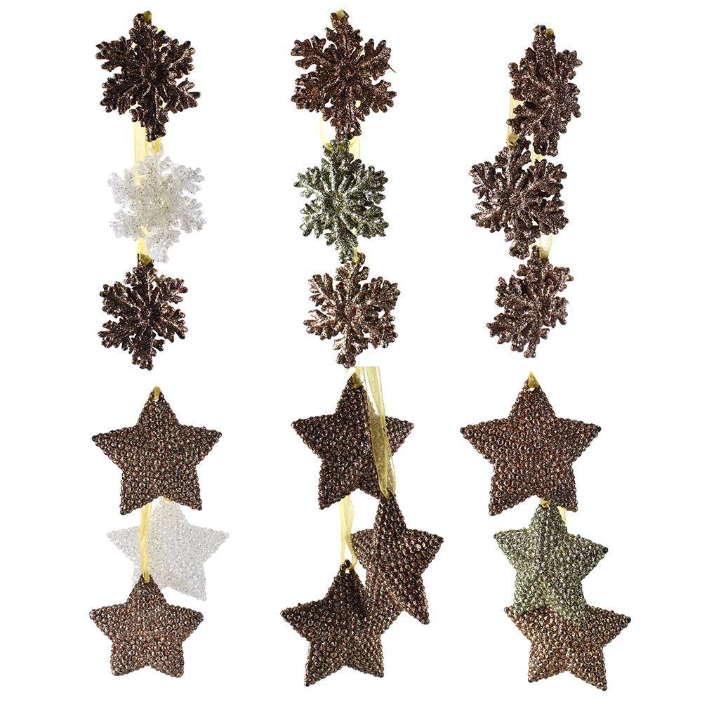 Stars and Snowflakes Ribbon Christmas Ornaments, Rose Gold, 10-Inch, 6-Piece