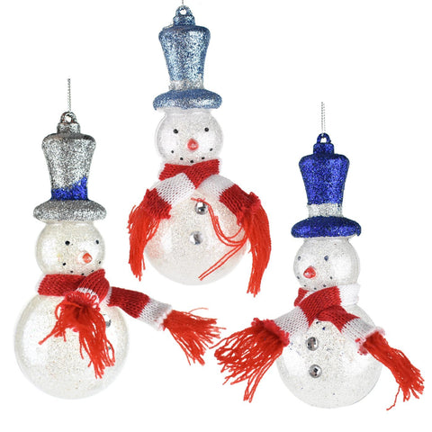 Glittered Snowman with Top Hats Christmas Ornaments, 6-1/2-Inch, 3-Piece