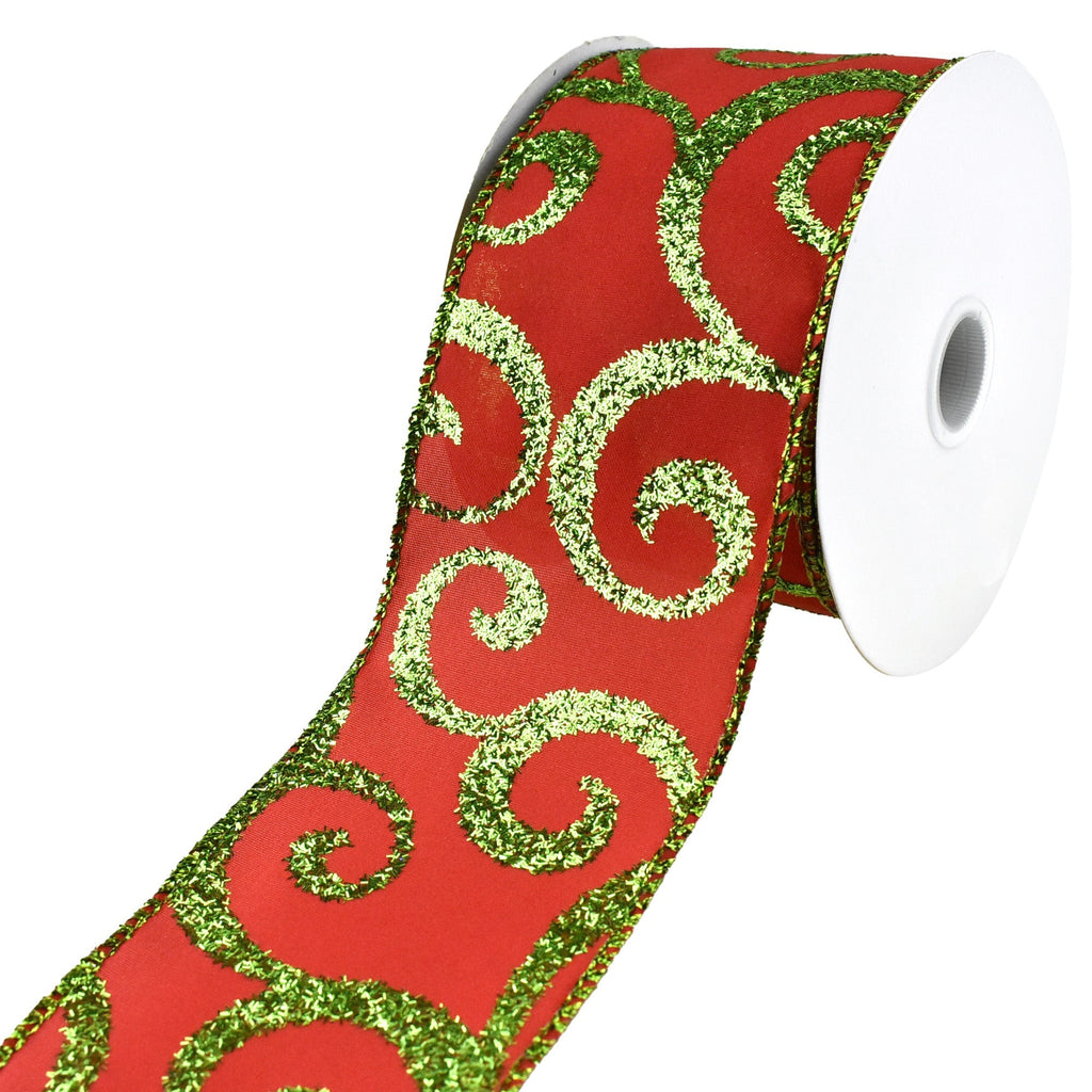 Christmas Glittered Scroll Wired Ribbon, 2-1/2-Inch, 10-Yard - Red/Green