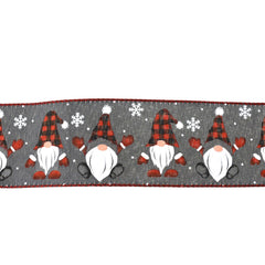 Plaid Dancing Christmas Gnomes Wired Ribbon, 2-1/12-Inch, 10-Yard - Grey