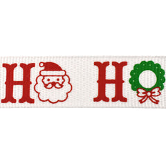 Santa Ho Ho Ho and Christmas Ornaments Grosgrain Ribbon, 5/8-Inch, 10-Yard - White