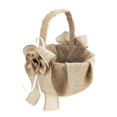 Burlap Flowers and Bows Flower Girl Basket, 7-1/2-Inch, Natural