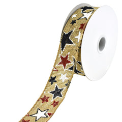 Patriotic Stars Faux Burlap Wired Ribbon, 1-1/2-Inch, 10-Yard