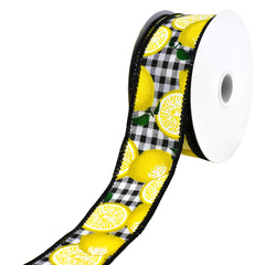 Gingham Printed Lemons Wired Ribbon, 10-yard