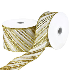 Glittered Diagonal Christmas Stripes Wired Ribbon, 10-yard