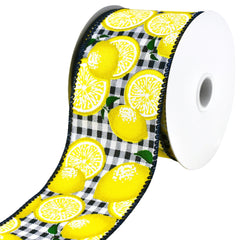 Gingham Printed Lemons Wired Ribbon, 10-yard