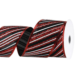 Christmas Diagonal Glittered Stripes Satin Wired Ribbon, 2-1/2-inch, 10-yard