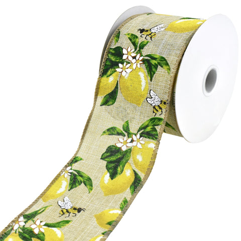 Honeybees and Lemons Faux Linen Wired Ribbon, 2-1/2-Inch, 10-Yard