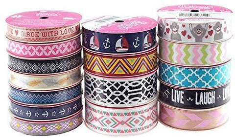 Assorted Grosgrain Printed Ribbon, 3-yard, 16 Rolls