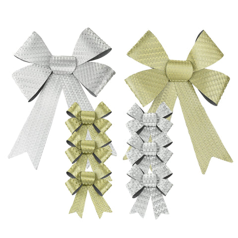 5 Loop Reflective Plastic Christmas Bows, Gold/Silver, 8-Piece