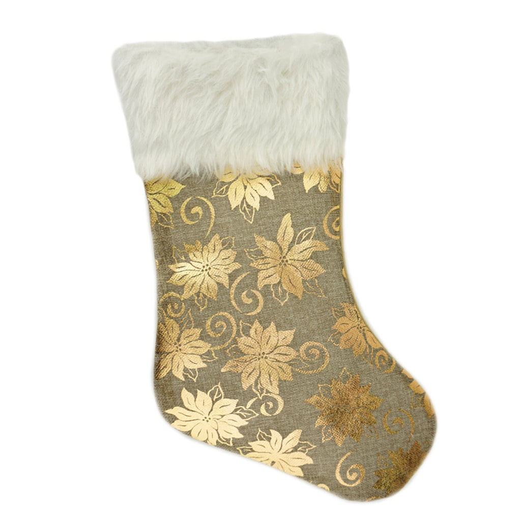 Metallic Flowers Burlap Christmas Stocking, Gold, 18-Inch