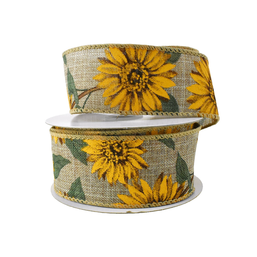Sunflower Natural Faux Linen Wired Ribbon, 1-1/2-Inch, 10-Yard