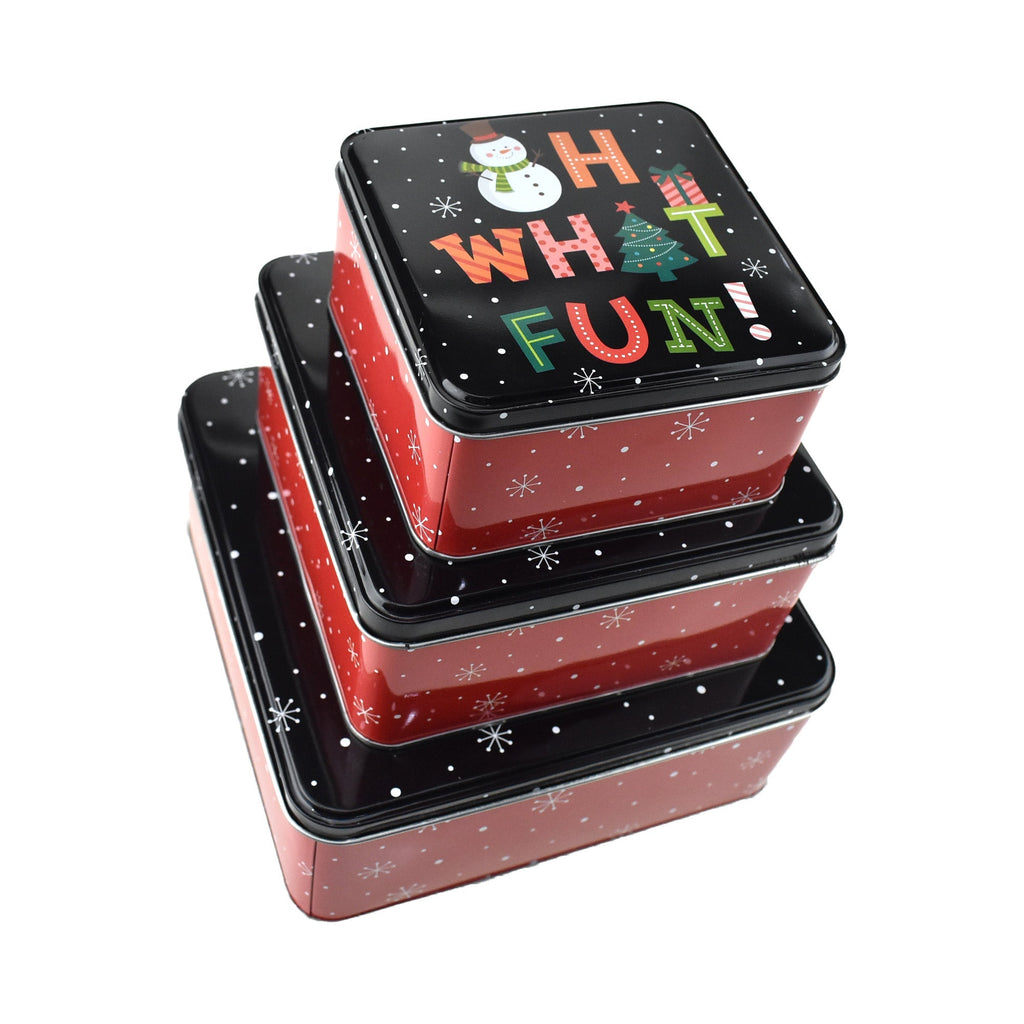 Tiered Square Oh What Fun Christmas Tin Containers, Assorted Sizes, 3-Piece