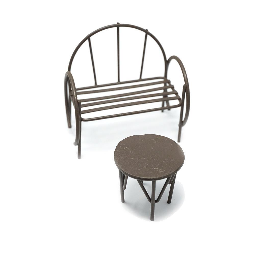 Miniature Metal Bench & Table Set, Brown, 2-Piece