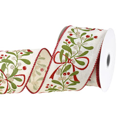 Christmas Holly Berries Faux Linen Wired Ribbon, 2-1/2-inch, 10-yard
