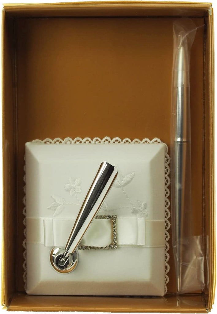 Premium Wedding Pen Holder, Embroidered Flower with Satin Belt (White)