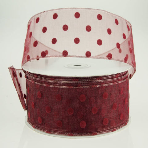 Organza Polka Dots Wired Ribbon, 2-inch, 50-yard - Burgundy/Burgundy