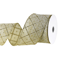 Glittered Diamond Lattice Faux Linen Wired Ribbon, 2-1/2-inch, 10-yard