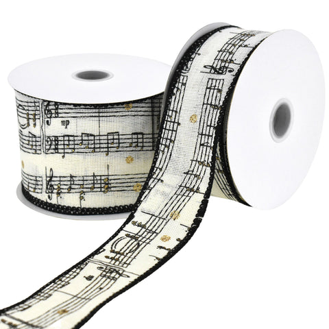 Music Sheet Notes Faux Linen Wired Ribbon, 10-yard
