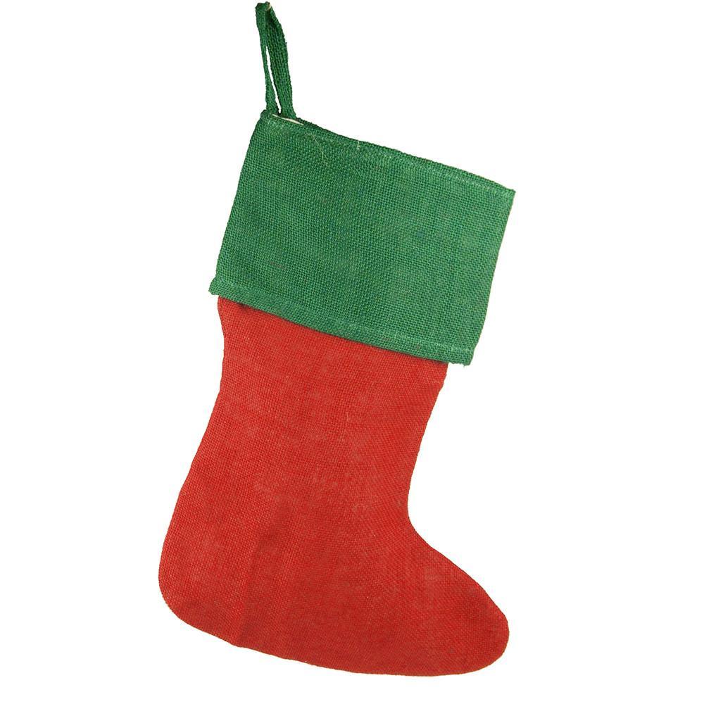 Red Burlap Christmas Stockings with Green Cuff, 17-Inch