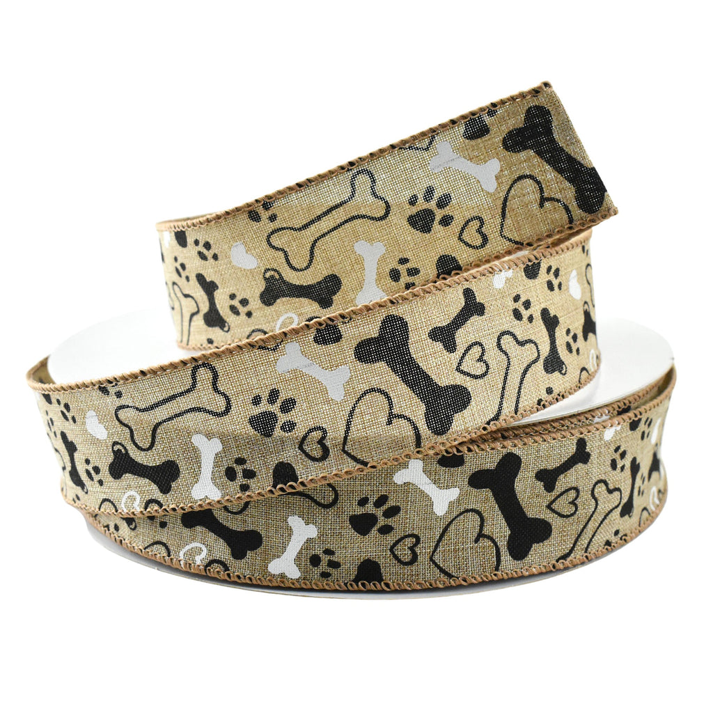 Dog Lovers Bones and Paws Faux Linen Wired Ribbon, 50-yard