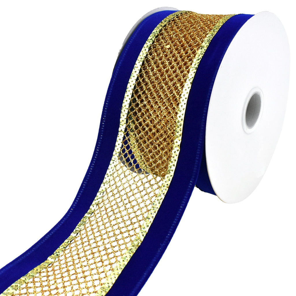 Mesh Velvet Wired Edge Christmas Ribbon, 2-1/2-Inch, 10-Yard - Royal Blue/Gold