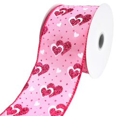 Valentine's Polka Dots Glittered Hearts Satin Wired Ribbon, 2-1/2-inch, 10-yard