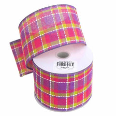 Colorful Dash Plaid Polyester Ribbon Wired Edge, 10 Yards