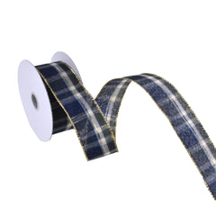 Gold Trim Plaid Wired Ribbon, 1-1/2-Inch, 10-Yard - Navy Blue/Moss