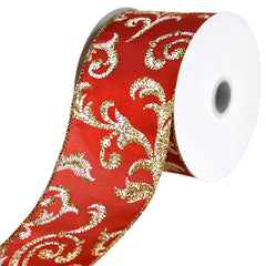 Christmas Scroll Filigree Glittered Satin Wired Ribbon, 2-1/2-inch, 10-yard